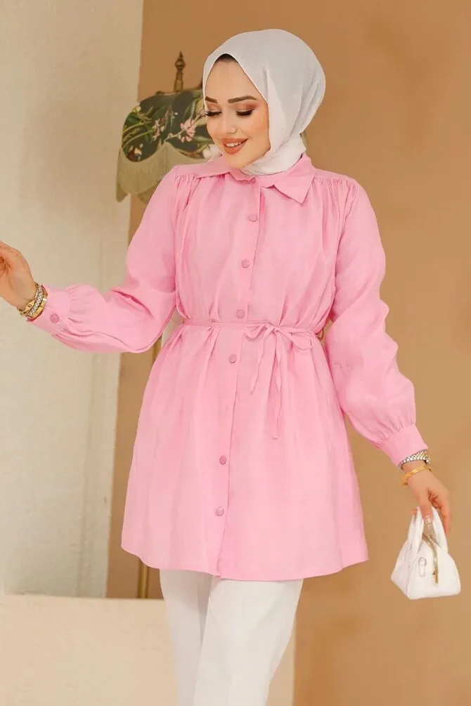 Düğmeli Pembe Tesettür Tunik 10025P - 1