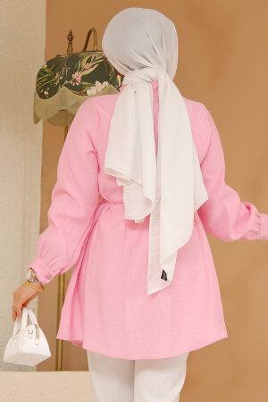 Düğmeli Pembe Tesettür Tunik 10025P - 4