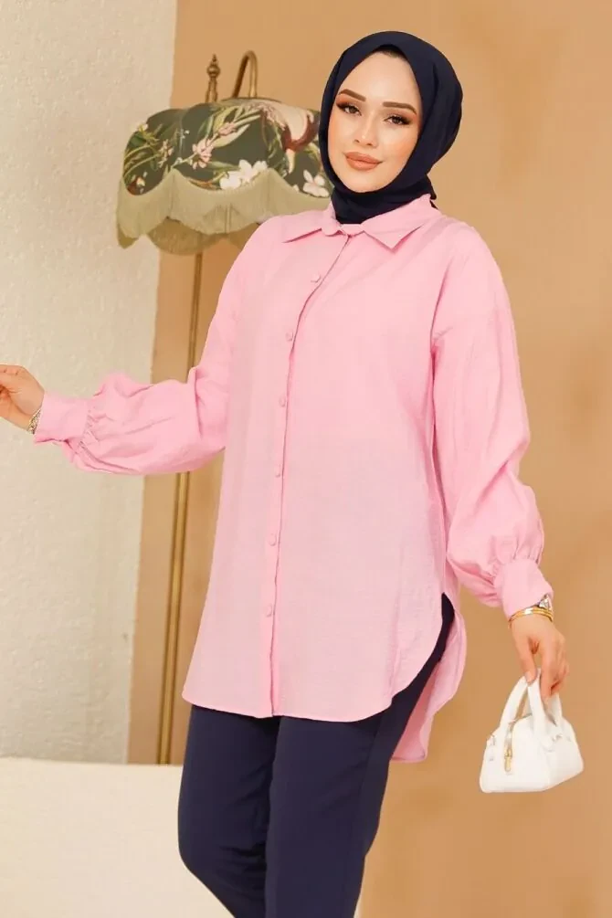 Düğmeli Pembe Tesettür Tunik 10059P - 1