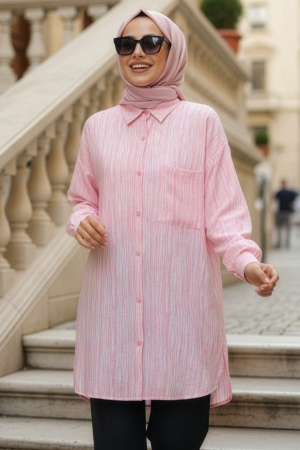 Düğmeli Pembe Tesettür Tunik 10439P - 1