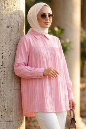 Düğmeli Pembe Tesettür Tunik 10682P - N.S NEVA STYLE