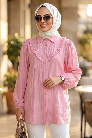 Düğmeli Pembe Tesettür Tunik 10693P 