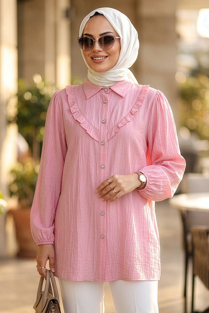 Düğmeli Pembe Tesettür Tunik 10693P - 1
