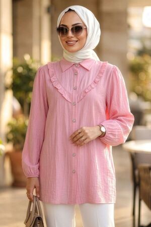 Fırfır Detaylı Pembe Tesettür Tunik 10693P 