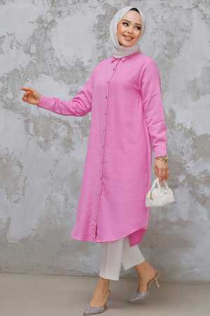 Düğmeli Pembe Tesettür Tunik 10784P - 1