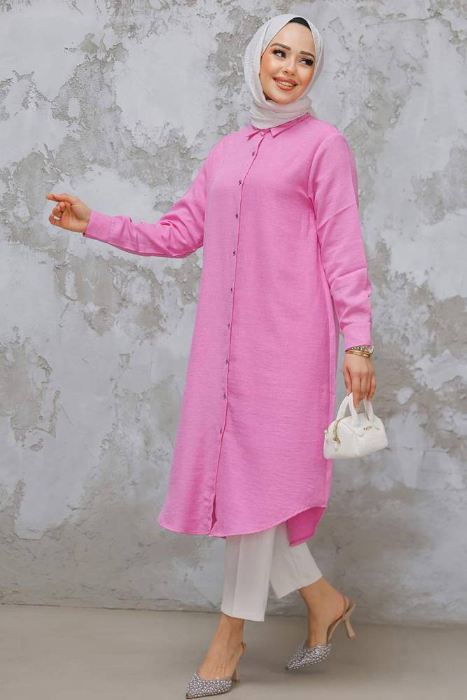 Düğmeli Pembe Tesettür Tunik 10784P - 1