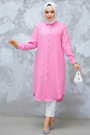 Düğmeli Pembe Tesettür Tunik 10784P - 2