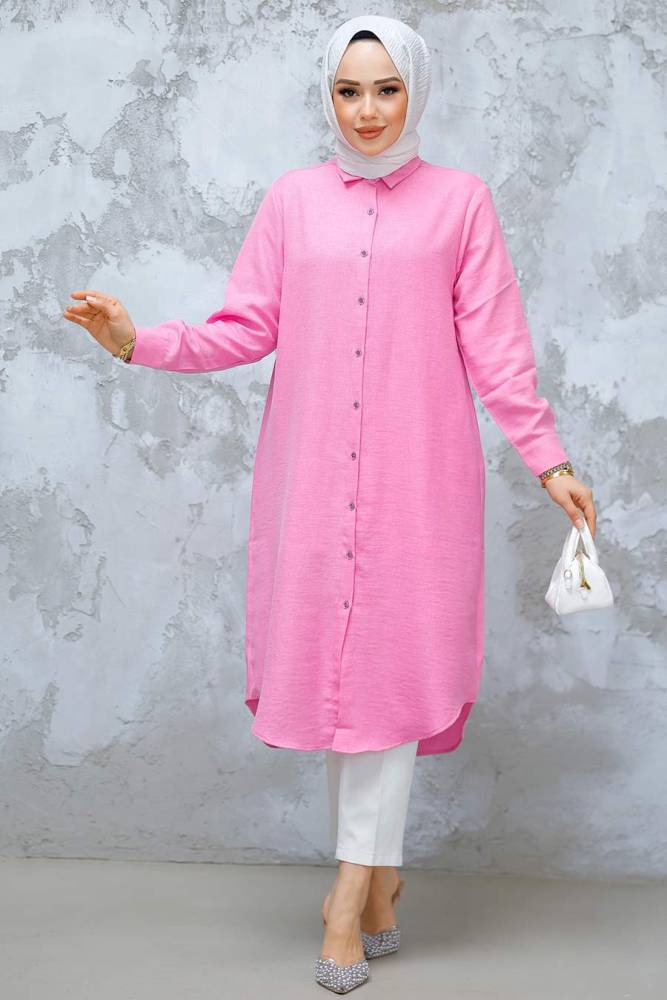 Düğmeli Pembe Tesettür Tunik 10784P - 2