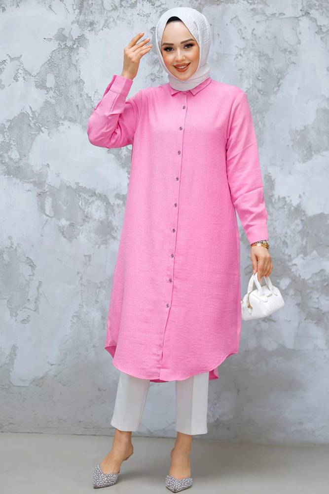 Düğmeli Pembe Tesettür Tunik 10784P - 3