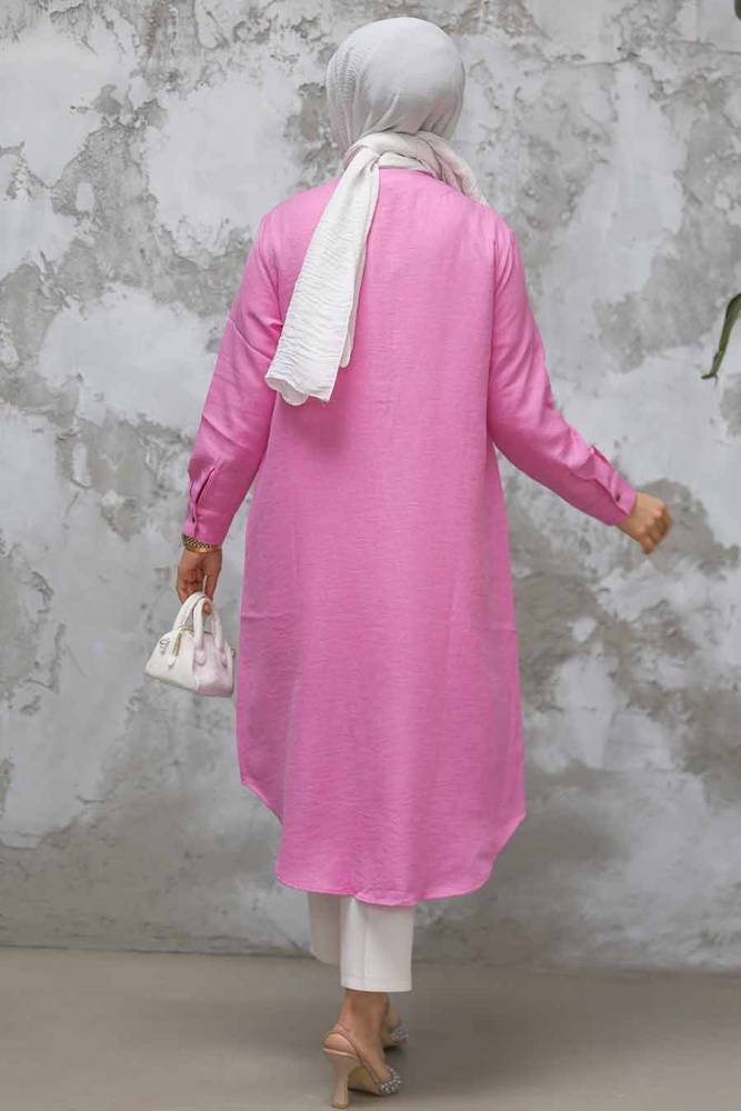 Düğmeli Pembe Tesettür Tunik 10784P - 5