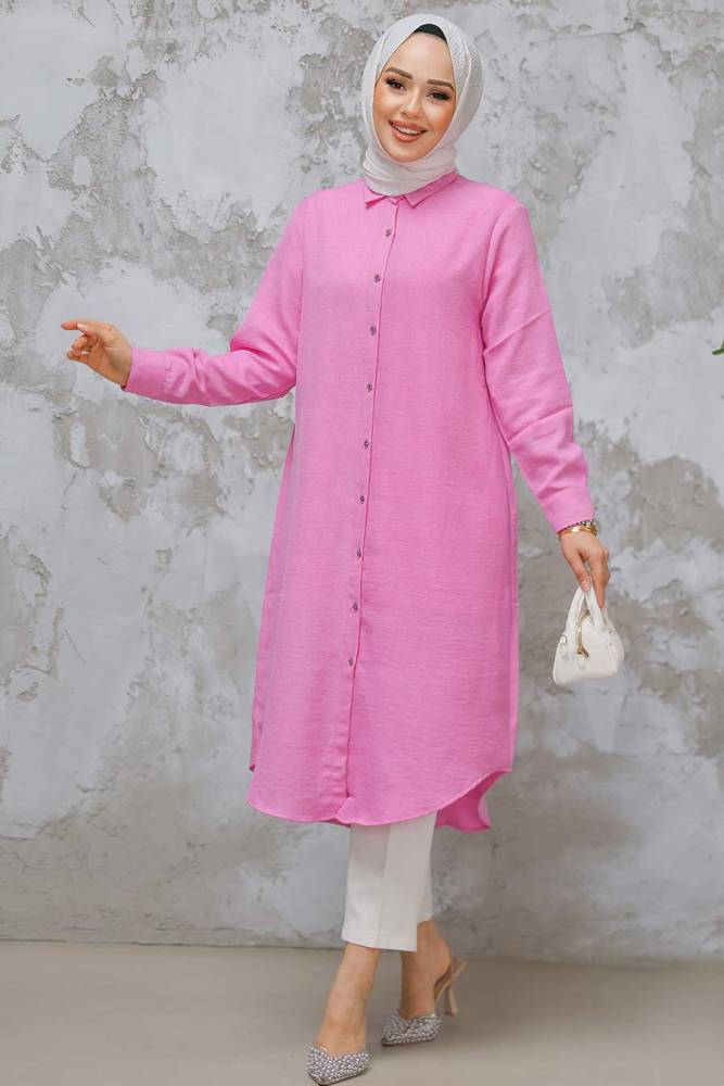 Düğmeli Pembe Tesettür Tunik 10784P - 4