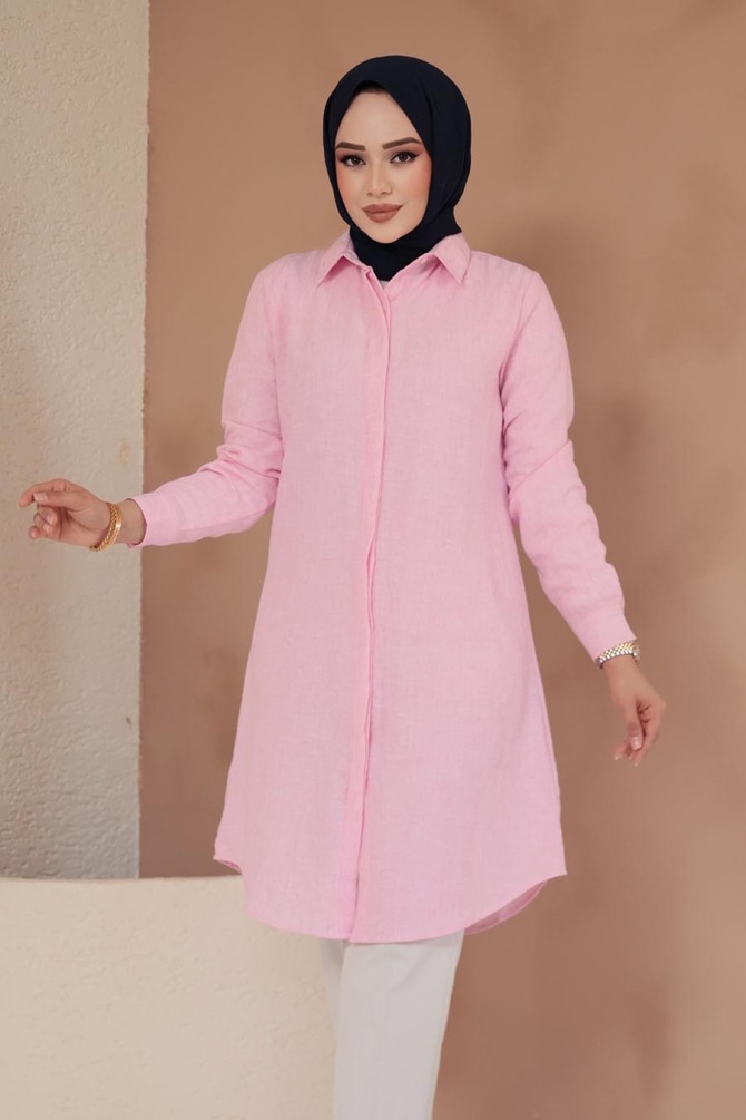 Düğmeli Pembe Tesettür Tunik 11734P - NEVA STYLE