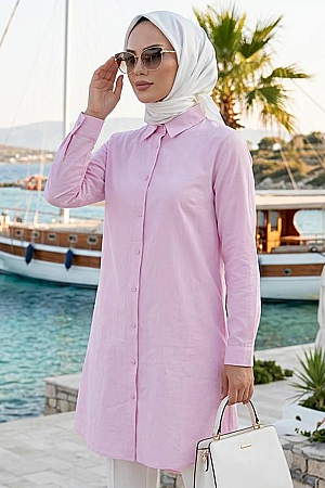 Düğmeli Pembe Tesettür Tunik 11751P 