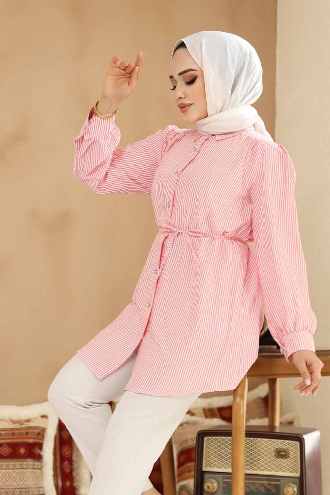 Düğmeli Pembe Tesettür Tunik 42421P - NEVA STYLE