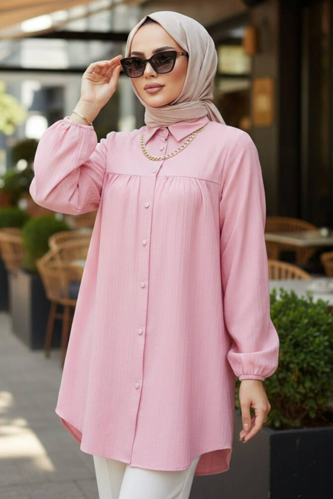Düğmeli Pembe Tesettür Tunik 5377P - 1