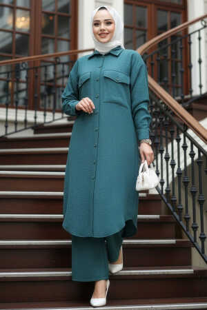 Düğmeli Petrol Mavisi Tesettür İkili Takım 44661PM 