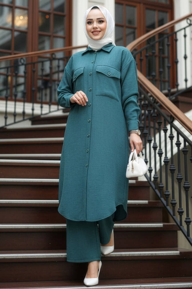 Düğmeli Petrol Mavisi Tesettür İkili Takım 44661PM - 1