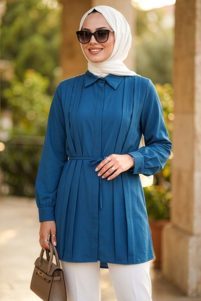 Düğmeli Petrol Yeşili Tesettür Tunik 20273PY - 1