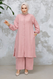 Düğmeli Pudra Tesettür İkili Takım 25492PD - 1