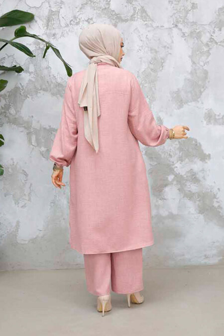 Düğmeli Pudra Tesettür İkili Takım 25492PD - 3