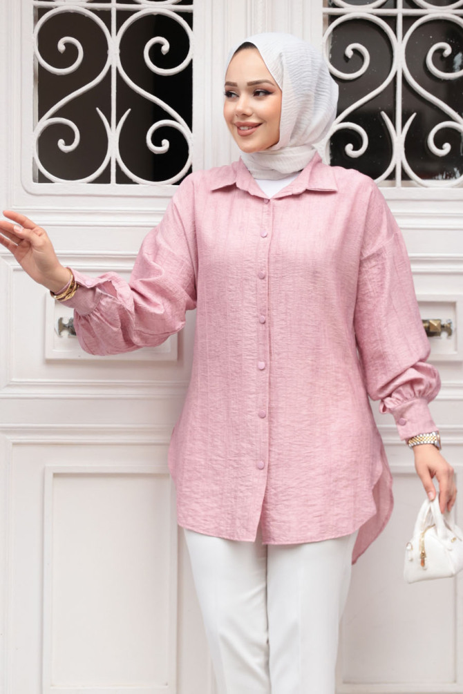 Düğmeli Pudra Tesettür Tunik 10113PD - 1