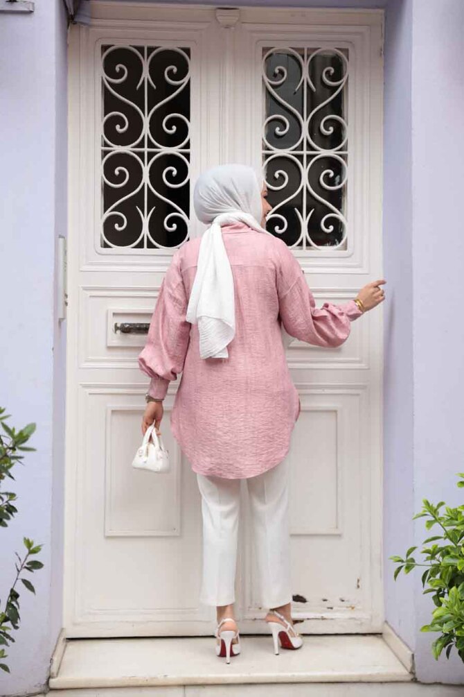 Düğmeli Pudra Tesettür Tunik 10113PD - 3