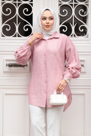 Düğmeli Pudra Tesettür Tunik 10113PD - 2