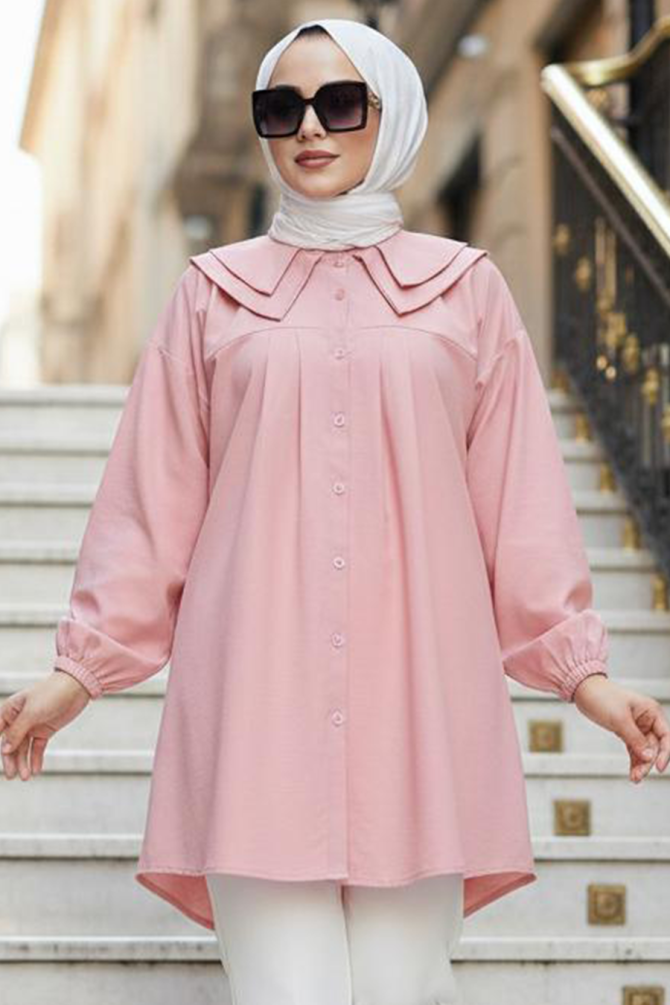 Düğmeli Pudra Tesettür Tunik 20228PD - 1