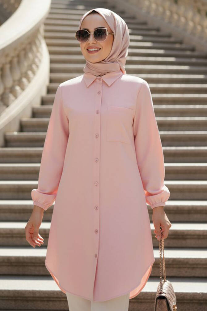 Düğmeli Pudra Tesettür Tunik 30293PD - 1