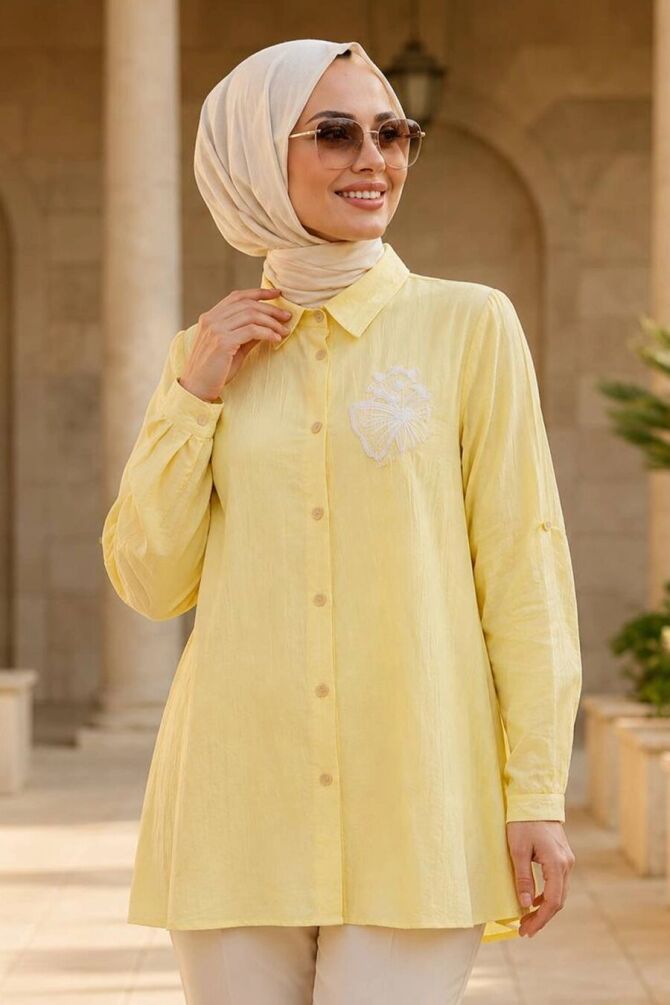 Düğmeli Sarı Çilek Kumaş Tesettür Tunik 11201SR - 1