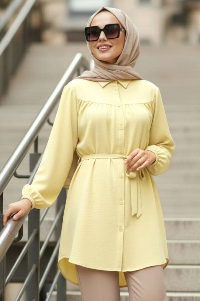 Düğmeli Sarı Tesettür Tunik 10184SR - 1