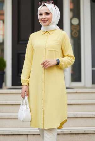 Cep Detaylı Sarı Tesettür Tunik 30293SR - N.S NEVA STYLE