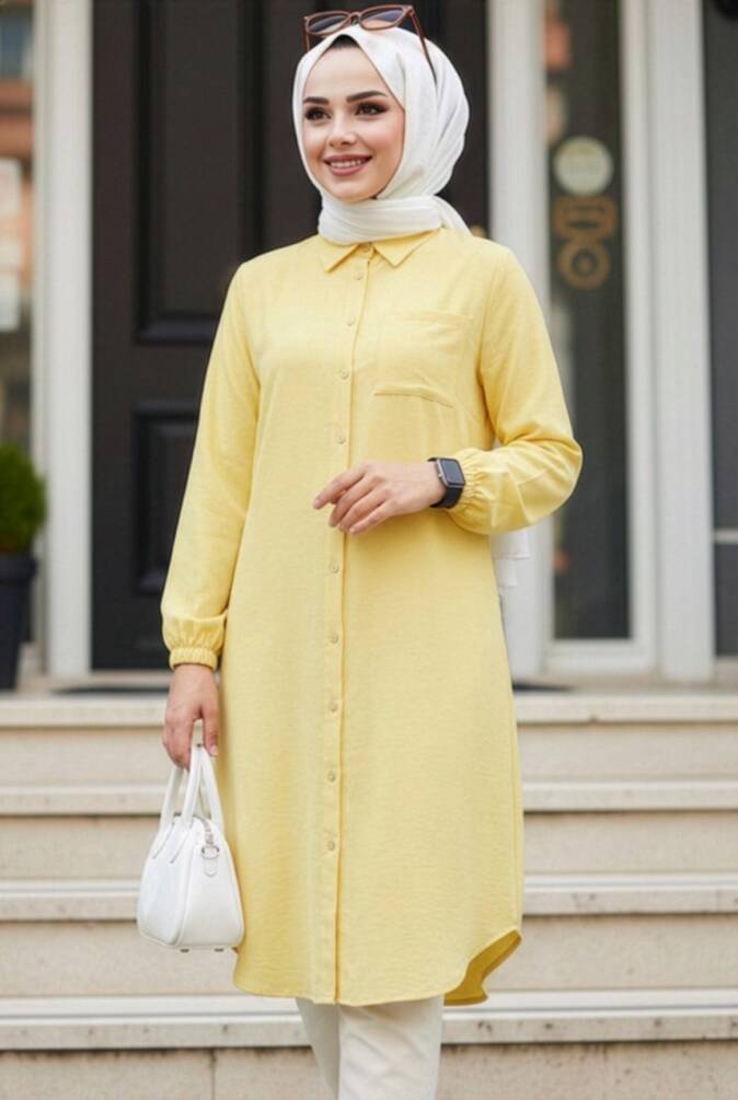Düğmeli Sarı Tesettür Tunik 30293SR - 1