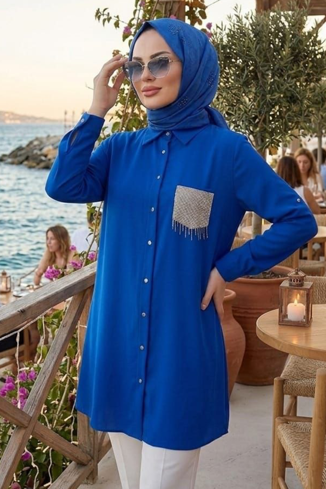 Düğmeli Sax Mavisi Tesettür Gömlek 50055SX - 1