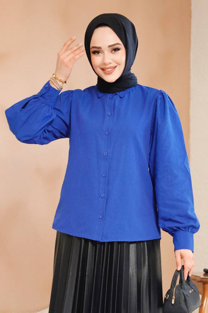 Düğmeli Sax Mavisi Tesettür Gömlek 52284SX - NEVA STYLE