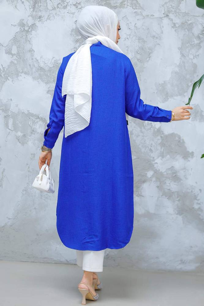 Düğmeli Sax Mavisi Tesettür Tunik 10784SX - 5