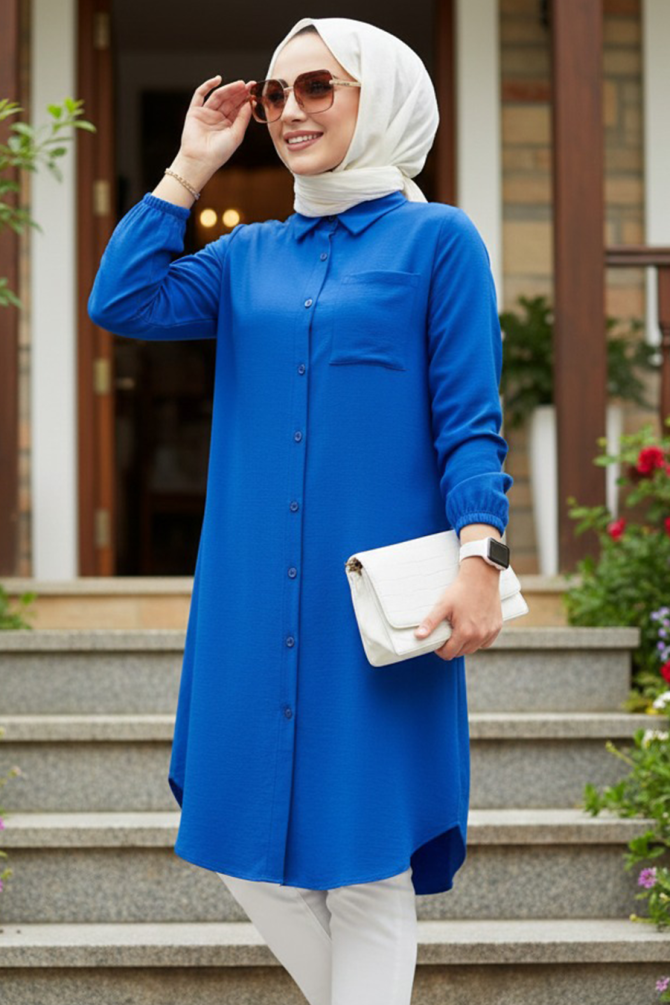 Düğmeli Sax Mavisi Tesettür Tunik 30293SX - N.S NEVA STYLE