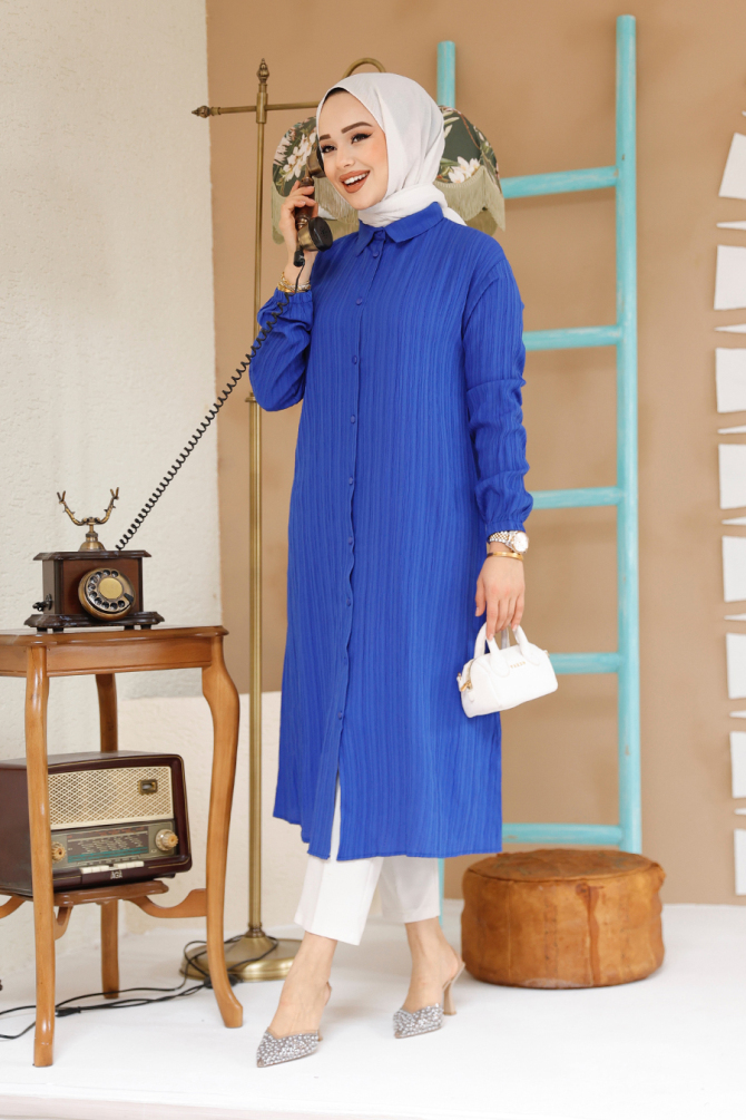 Düğmeli Sax Mavisi Tesettür Tunik 70381SX - NEVA STYLE