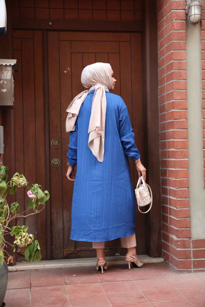 Düğmeli Sax Mavisi Tesettür Tunik 70551SX - 3