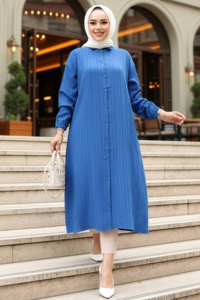 Düğmeli Sax Mavisi Tesettür Tunik 70551SX - 1