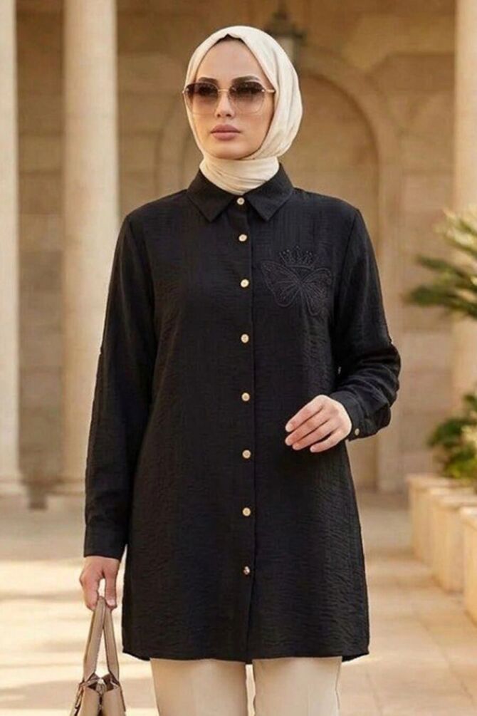 Düğmeli Siyah Çilek Kumaş Tesettür Tunik 11201S - 1