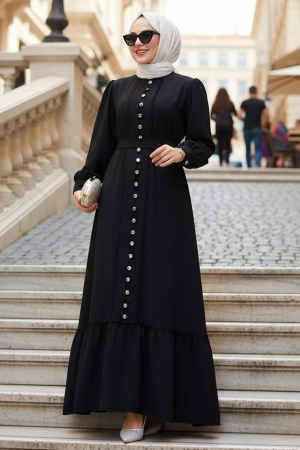 Düğmeli Siyah Tesettür Elbise 10154S - 1