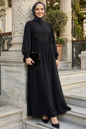Düğmeli Siyah Tesettür Elbise 10391S - 2