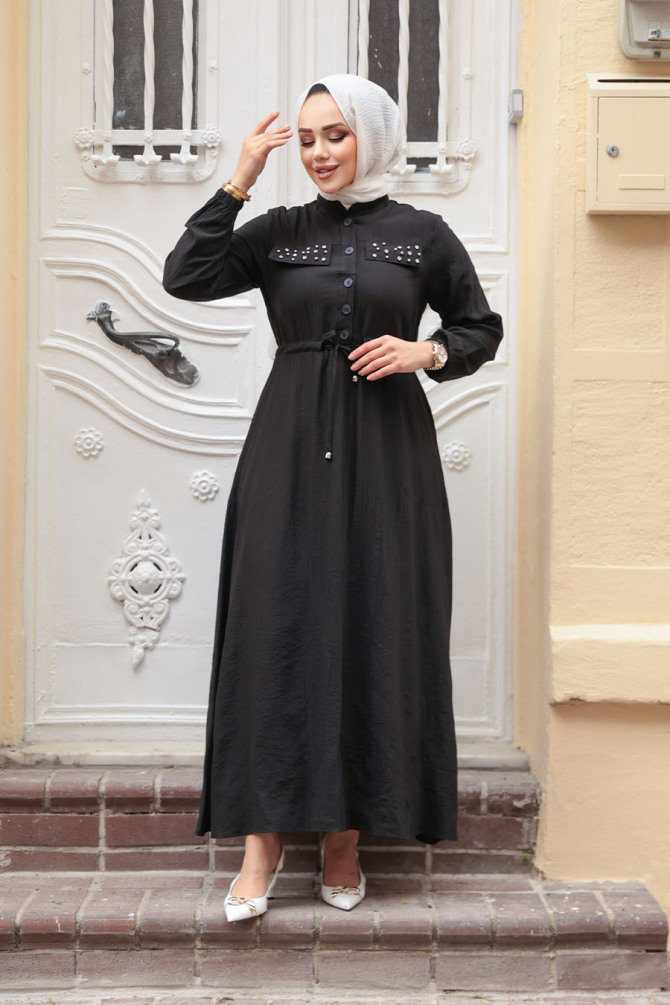 Düğmeli Siyah Tesettür Elbise 17131S - 1