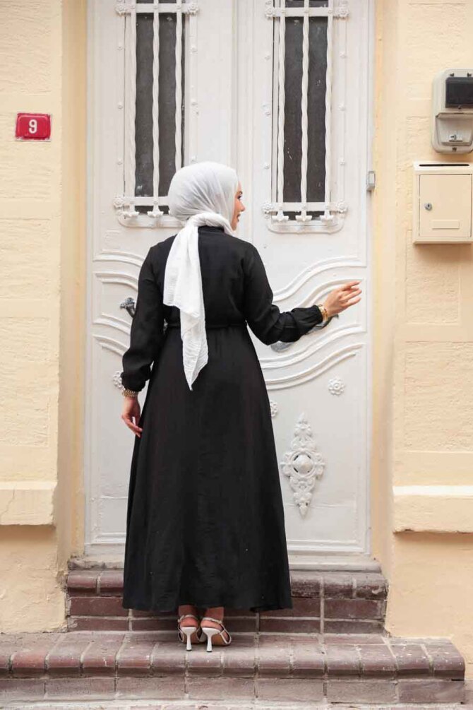 Düğmeli Siyah Tesettür Elbise 17131S - 3