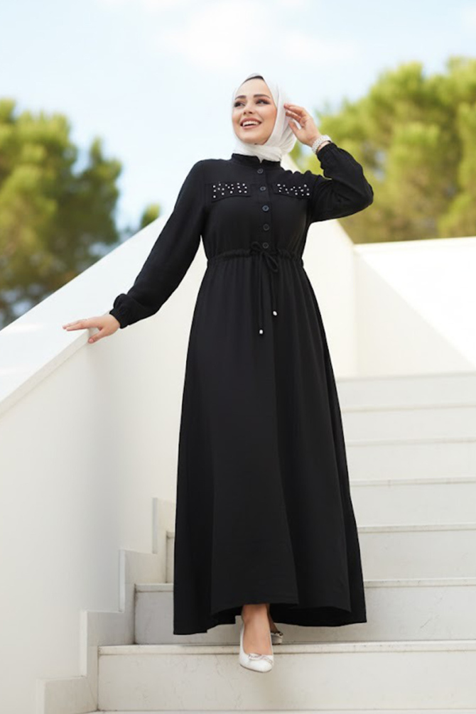 Düğmeli Siyah Tesettür Elbise 17131S - 1