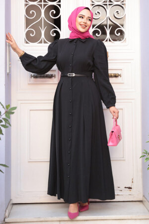 Düğmeli Siyah Tesettür Elbise 19044S 