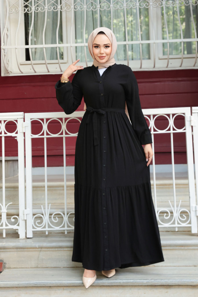 Düğmeli Siyah Tesettür Elbise 239202S - 2