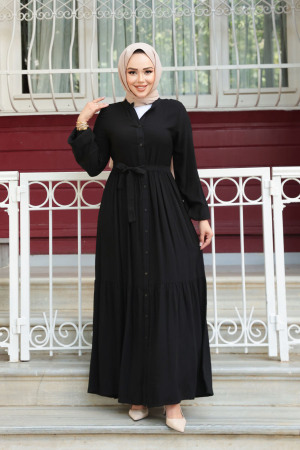 Düğmeli Siyah Tesettür Elbise 239202S - 3