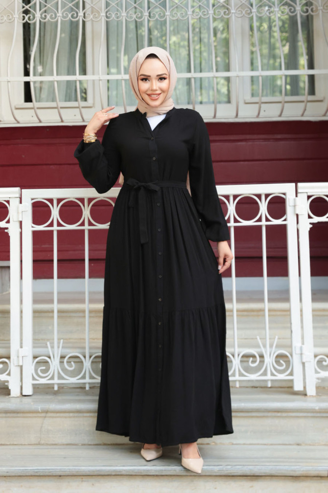 Düğmeli Siyah Tesettür Elbise 239202S - 3